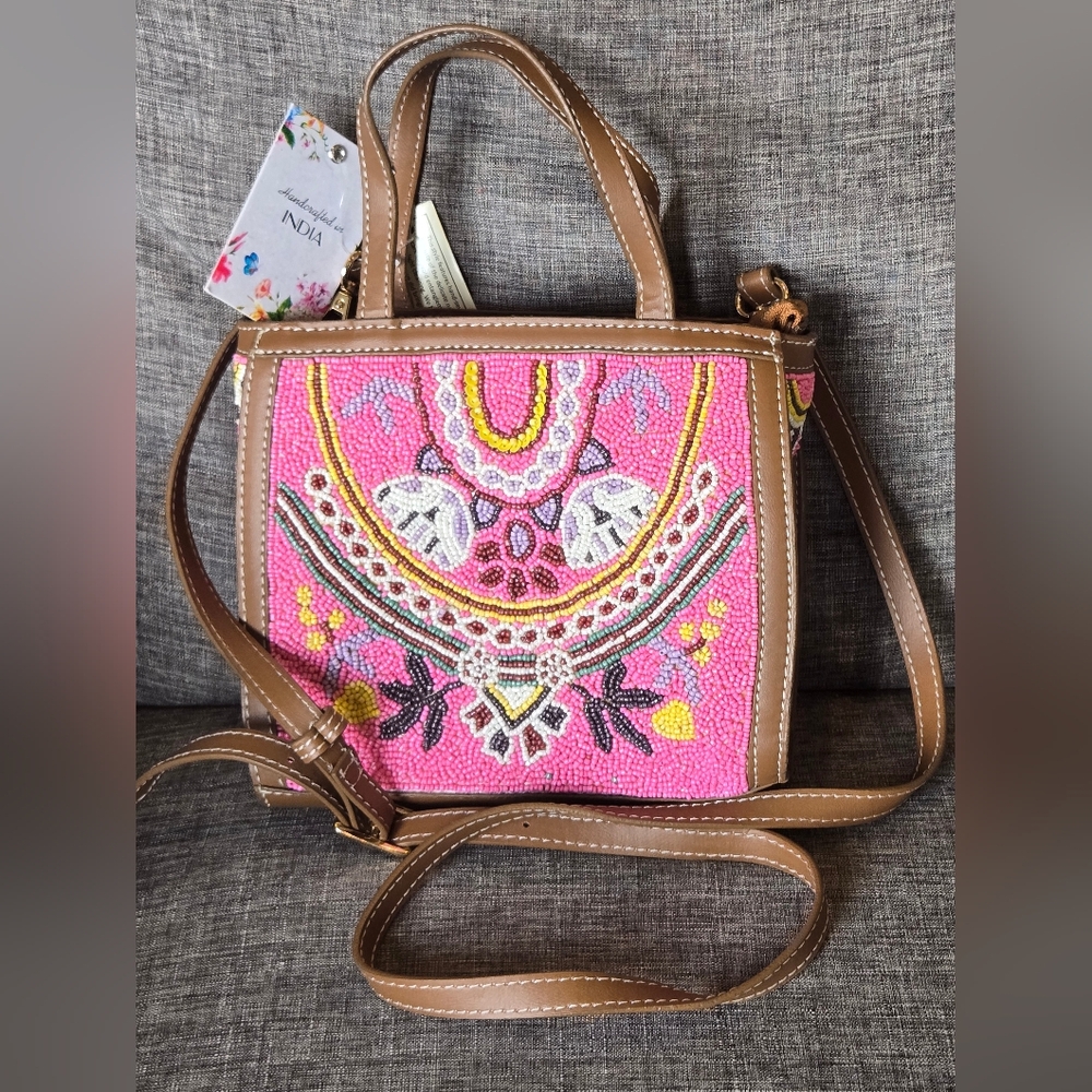 Viral Handmade Pink Beaded Tote Bag Crossbody Purse With Leather Straps NWT - Picture 1 of 11